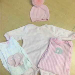 Newborn soft pink onesie, gowns, mittens & hat.